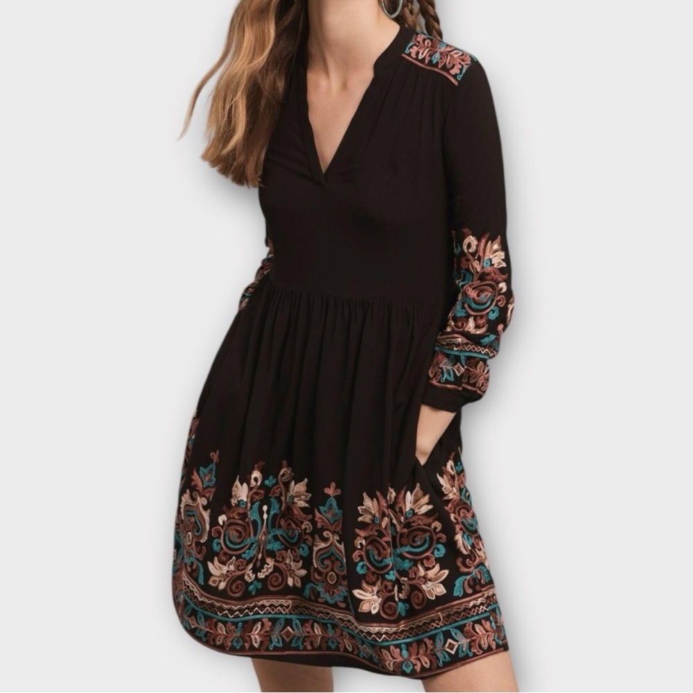 Anthropologie Floreat Avery Boho Embroidered Small Black Blue Midi Dress